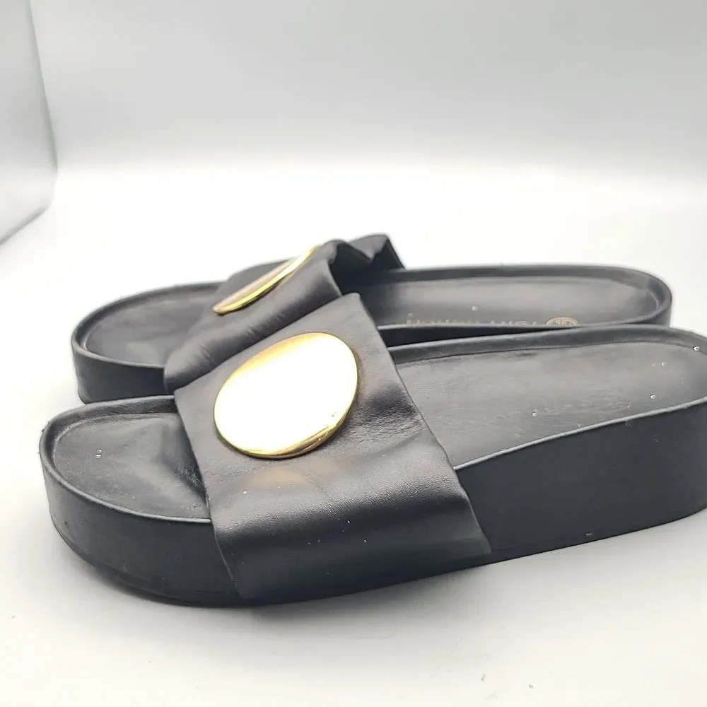Tory Burch Black Leather Slide Sandals with Gold Medallions